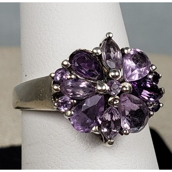 Vintage Purple Amethyst Flower Cocktail Ring 925 Sterling Silver Size 7 - Picture 8 of 16